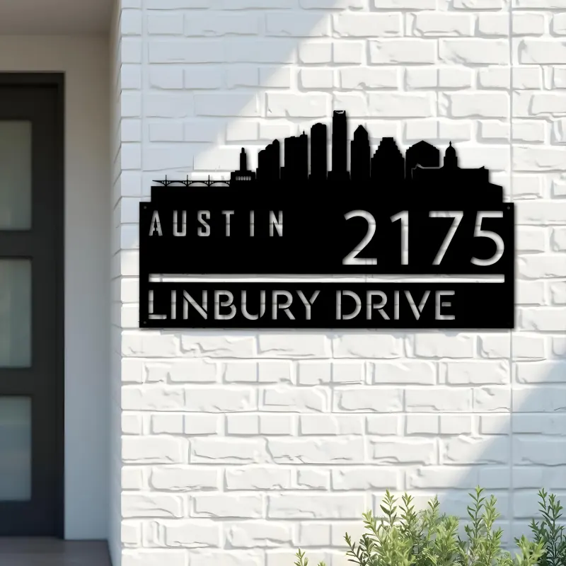 Custom Metal Austin city skyline Metal Address Sign Hanging Address Plaque house number Yard Outdoor Sign