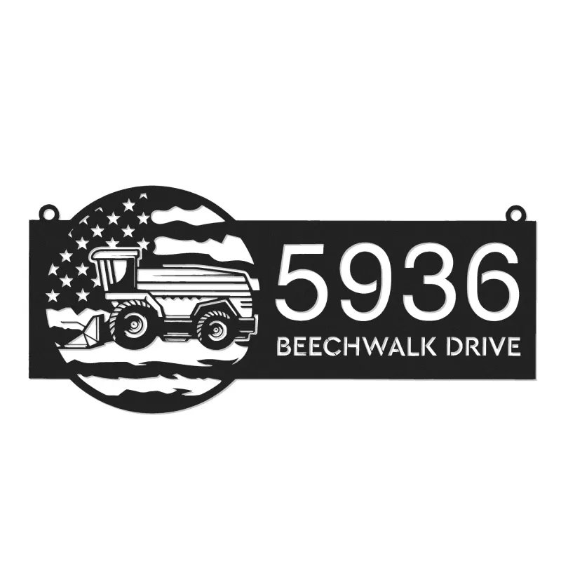 Custom Metal Farm harvester US flag Metal Address Sign Custom House number Hanging Address Plaque Yard Sign Outdoor