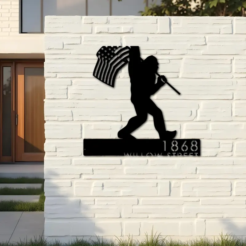 Custom Metal Bigfoot Sasquatch With US Flag Metal Address Sign Custom Hanging Address Plaque Yard Sign Outdoor Sign