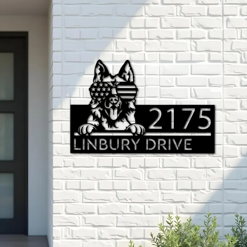 Custom Metal German Shepherd dog US flag glasses Metal Address Sign House number Hanging Address Plaque Yard Sign Outdoor decor