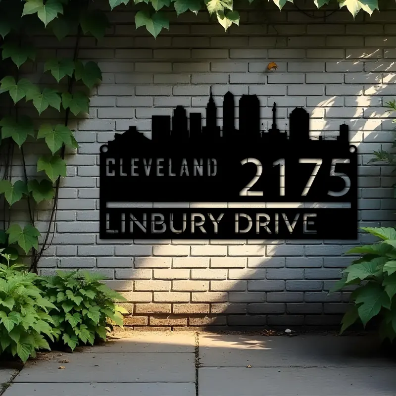 Custom Metal Cleveland city skyline Metal Address Sign Hanging Address Plaque house number Yard Outdoor Sign