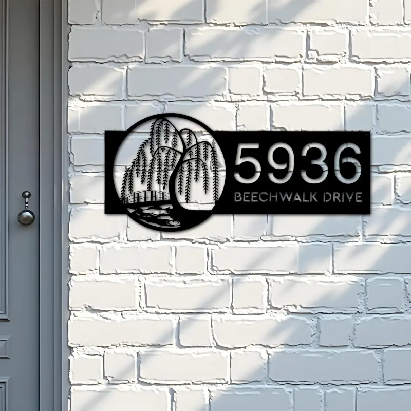 Custom Metal Scene with willow tree river Metal Address Sign, House number, Outdoor Number Signage, Yard Sign Address Plate