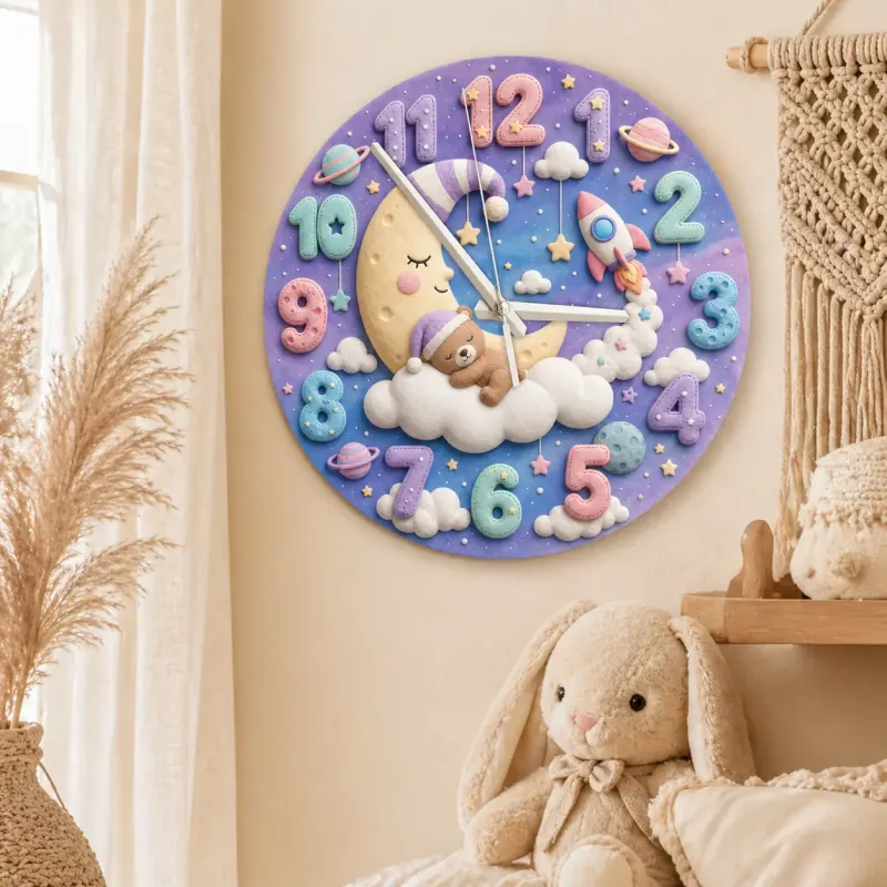 Pastel Space Sleeping Bear Kids Room Wall Clock