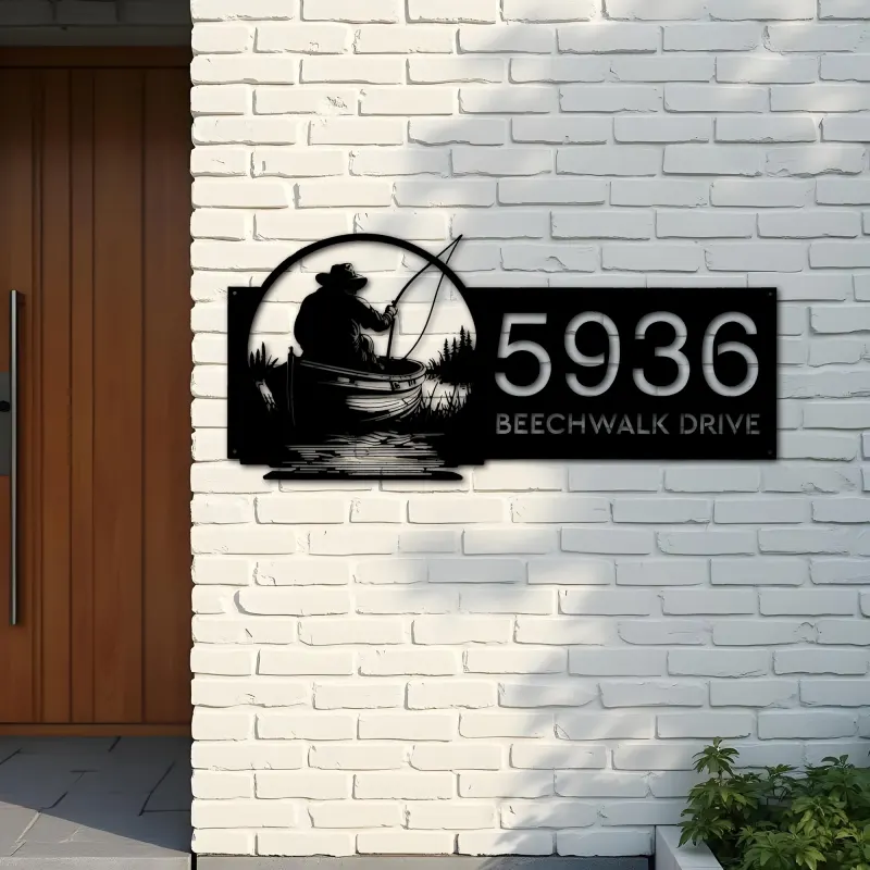 Custom Metal Fisherman in boat fishing Metal Address Sign, House number, Outdoor Number Signage, Yard Sign Address Plate