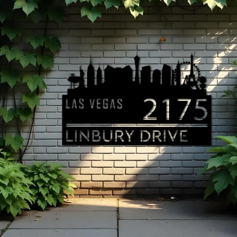 Custom Metal Las Vegas city skyline Metal Address Sign Hanging Address Plaque house number Yard Outdoor Sign
