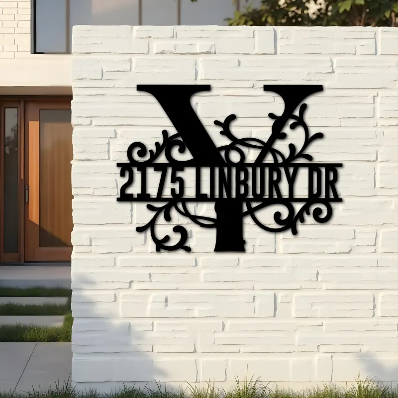 Custom Metal Floral Monogram Split Letter Y Metal Address Sign House number Hanging Address Plaque Yard Sign Outdoor decor