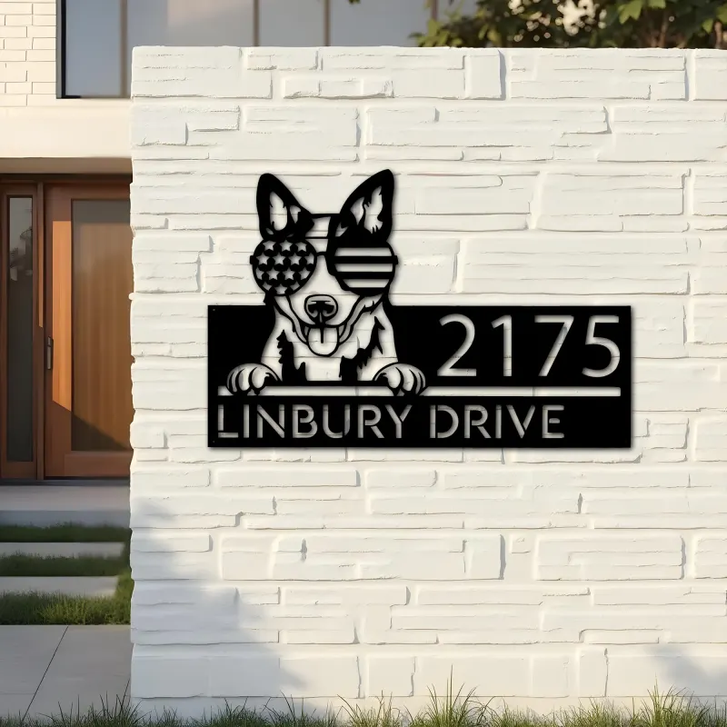 Custom Metal Blue heeler dog US flag glasses Metal Address Sign House number Hanging Address Plaque Yard Sign Outdoor decor