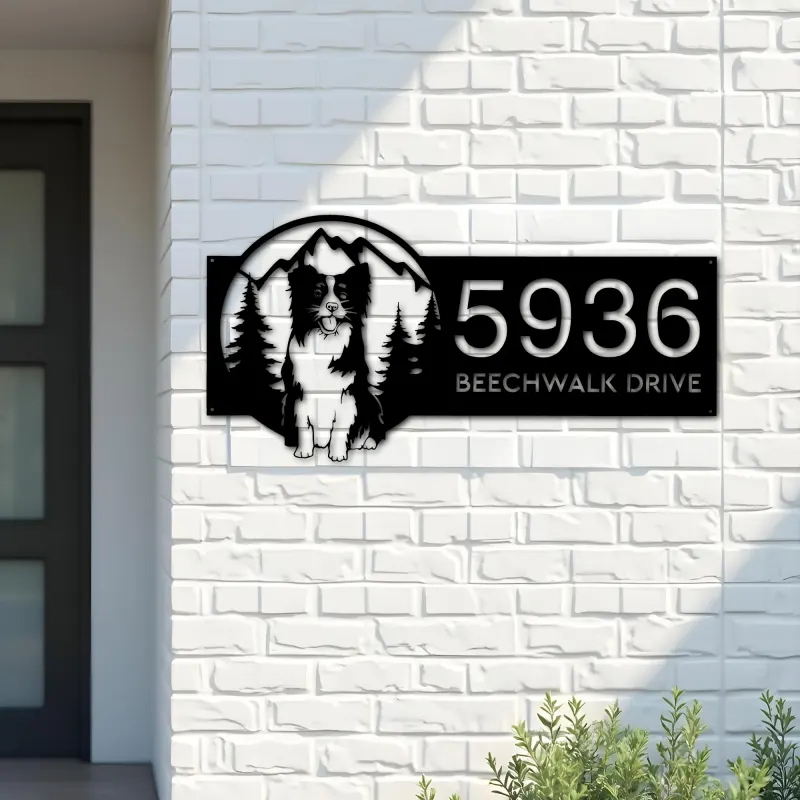 Custom Metal Dog mountain scene Metal Address Sign, House number, Outdoor Number Signage, Yard Sign Address Plate