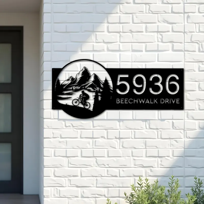 Custom Metal Mountain bike biker MTB Metal Address Sign, House number, Outdoor Number Signage, Yard Sign Address Plate