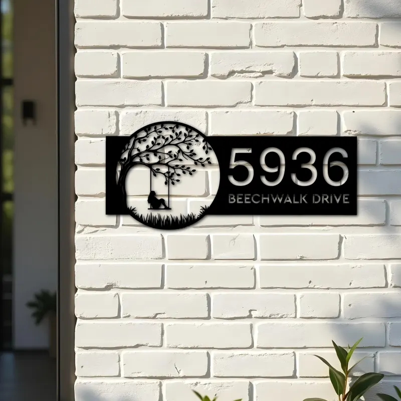 Custom Metal Girl on Swing Metal Address Sign, House number, Outdoor Number Signage, Yard Sign Address Plate