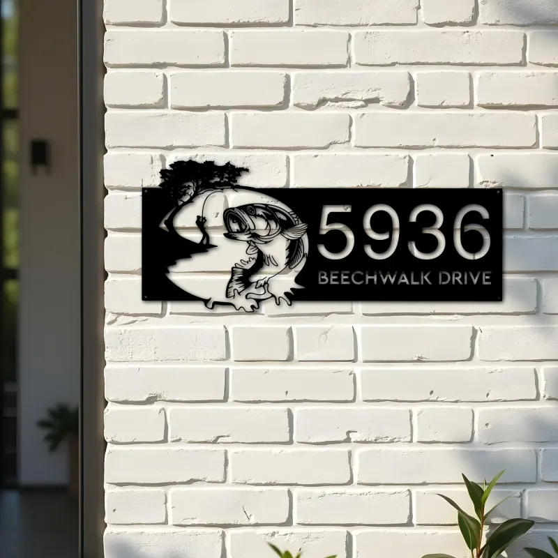 Custom Metal Bass fishing fisherman Metal Address Sign, House number, Outdoor Number Signage, Yard Sign Address Plate001