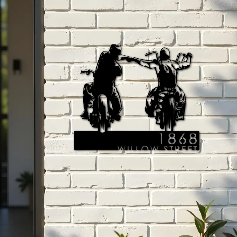 Custom Metal Biker brothers fist bump Motocycle riders Metal Address Sign, House number, Outdoor Number Signage, Yard Sign Address Plate