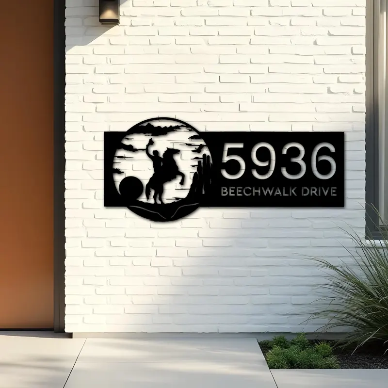 Custom Metal Greeting Cowboy on Horse on Sunrise Metal Address Sign, House number, Outdoor Number Signage, Yard Sign Address Plate