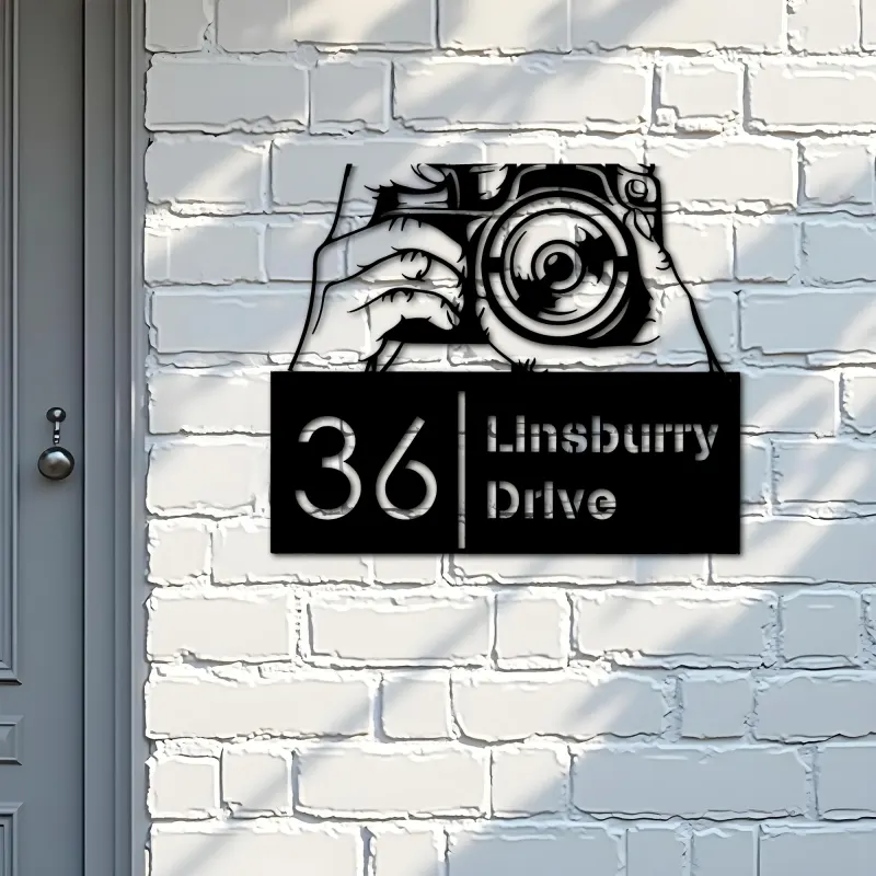Custom Metal Hands holding camera photography Metal Address Sign, House number, Outdoor Number Signage, Yard Sign Address Plate