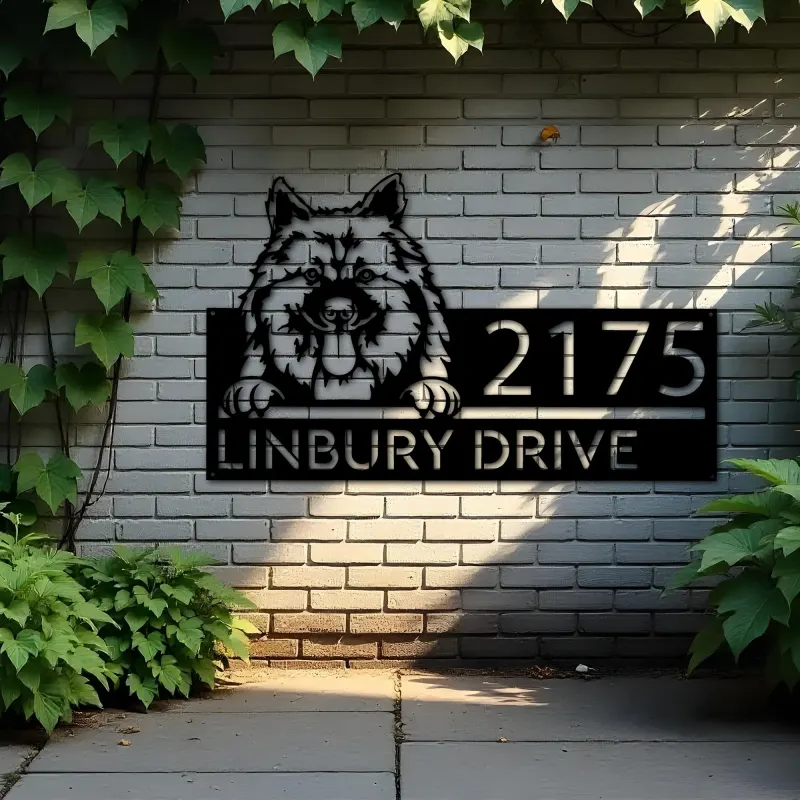Custom Metal Keeshond dog Cute puppy Metal Address Sign House number Hanging Address Plaque Yard Sign Outdoor decor