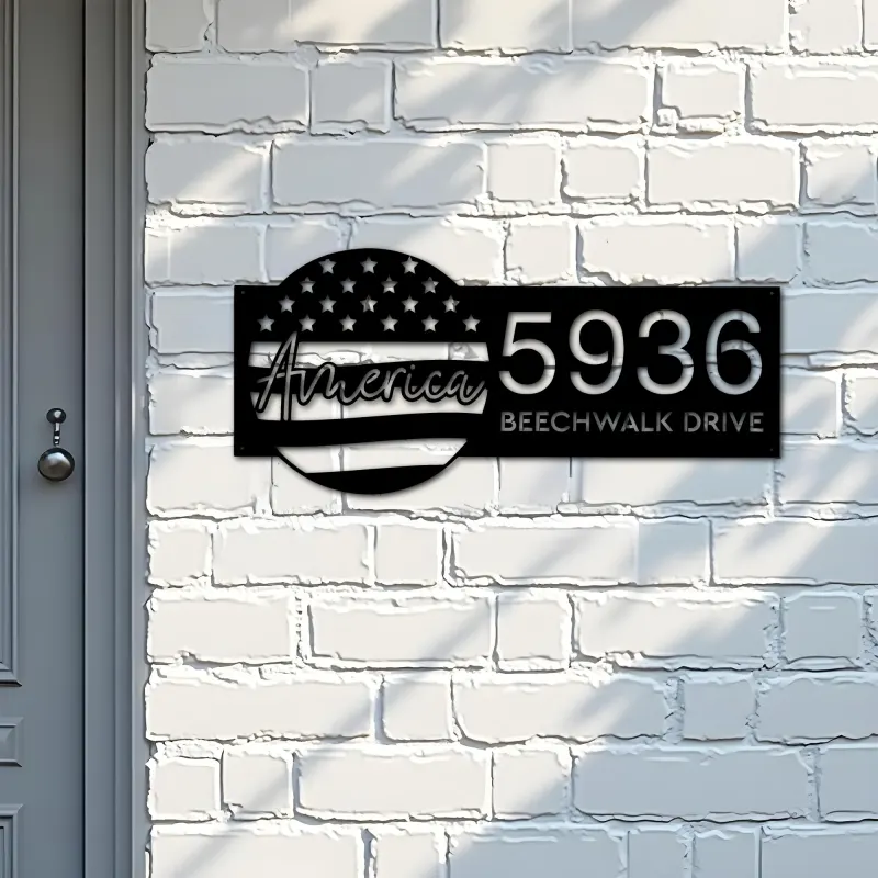 Custom Metal America US flag 4th of July Metal Address Sign House number Hanging Address Plaque Yard Sign Outdoor decor