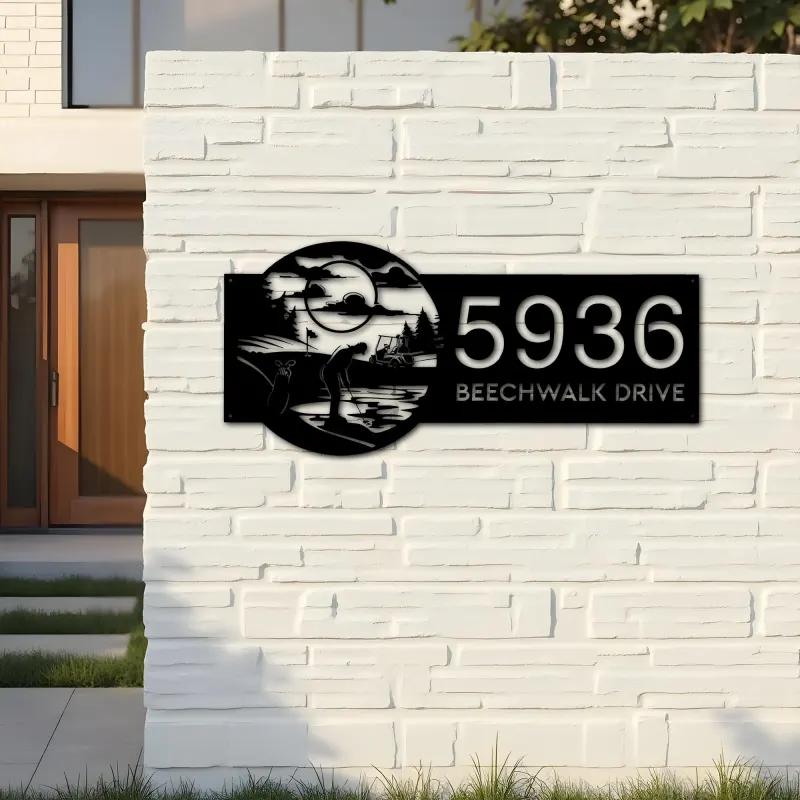Custom Metal Golf club Golfer Metal Address Sign Custom House Number Hanging Address Plaque Yard Sign Outdoor Sign