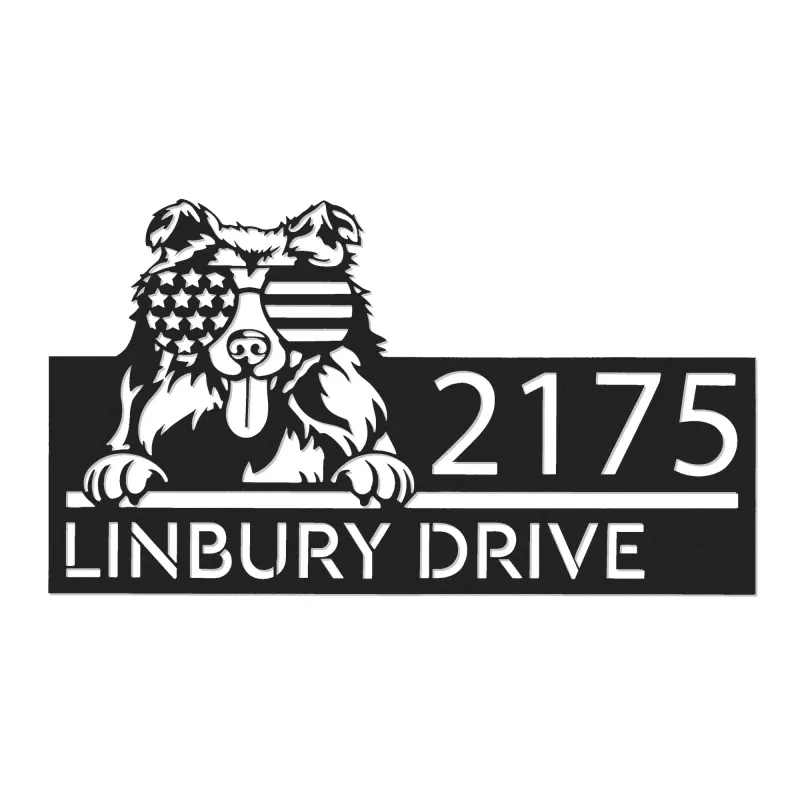 Custom Metal Collie dog US flag glasses Metal Address Sign House number Hanging Address Plaque Yard Sign Outdoor decor