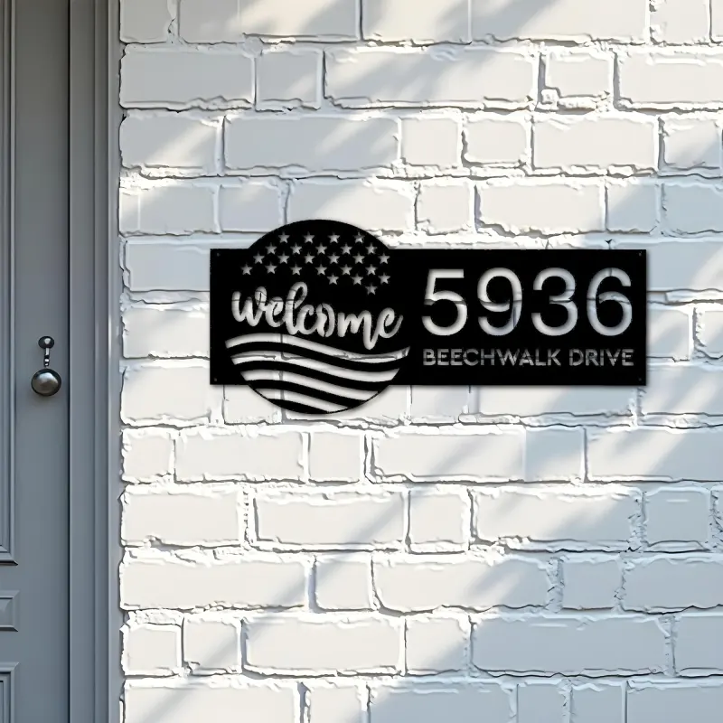 Custom Metal Welcome US flag 4th of July Metal Address Sign House number Hanging Address Plaque Yard Sign Outdoor decor