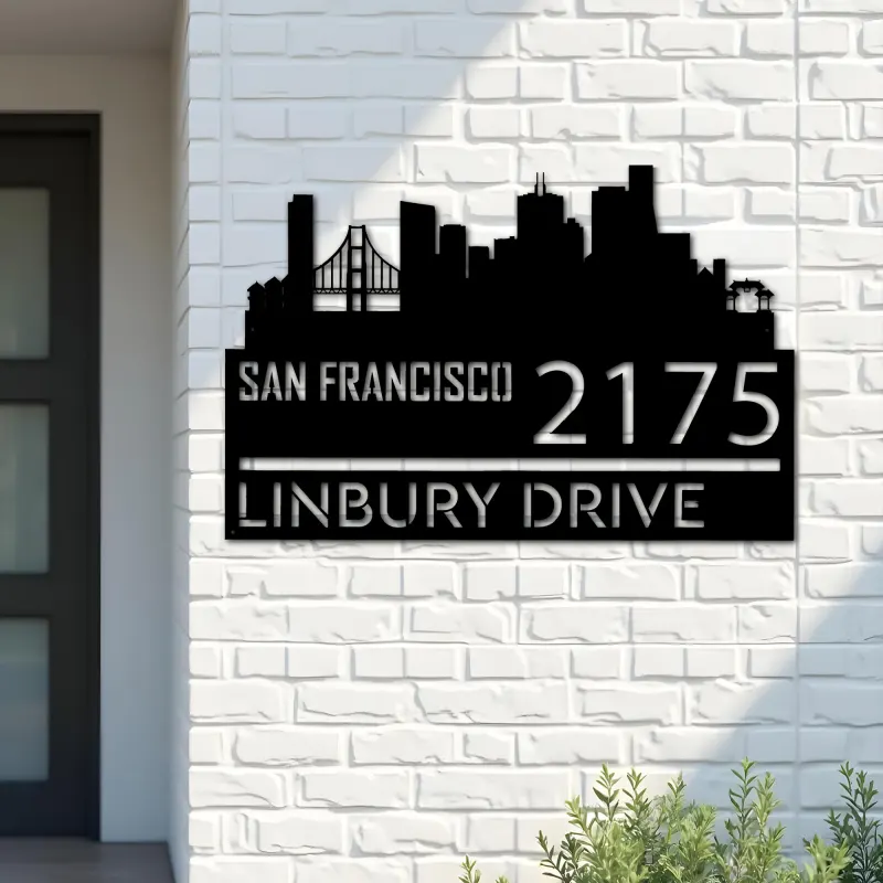 Custom Metal San Francisco city skyline Metal Address Sign Hanging Address Plaque house number Yard Outdoor Sign