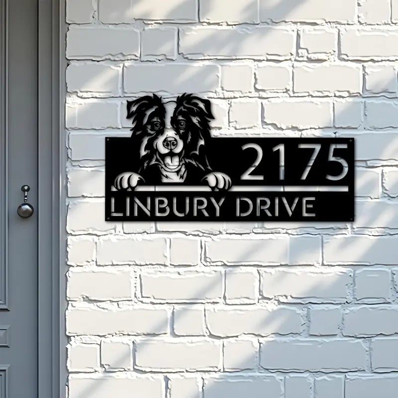 Custom Metal Border Collie dog cute puppy Metal Address Sign House number Hanging Address Plaque Yard Sign Outdoor decor