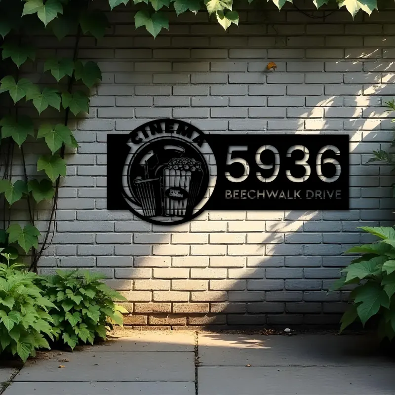 Custom Metal Cinema popcorn movie lover Metal Address Sign Custom House number Hanging Address Plaque Yard Sign Outdoor