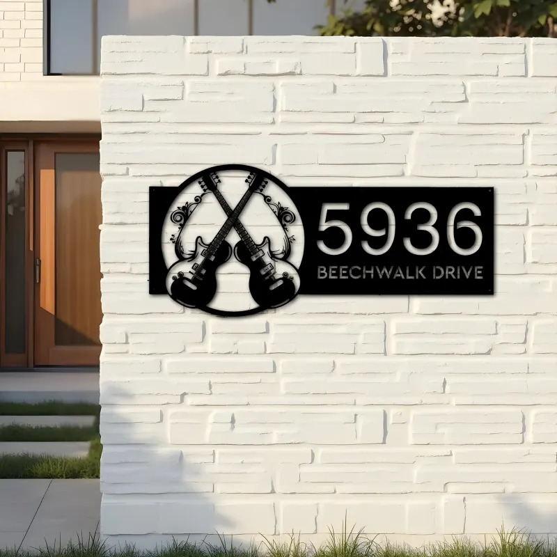 Custom Metal Electric guitar Guitarist Metal Address Sign Custom House number Hanging Address Plaque Yard Sign Outdoor