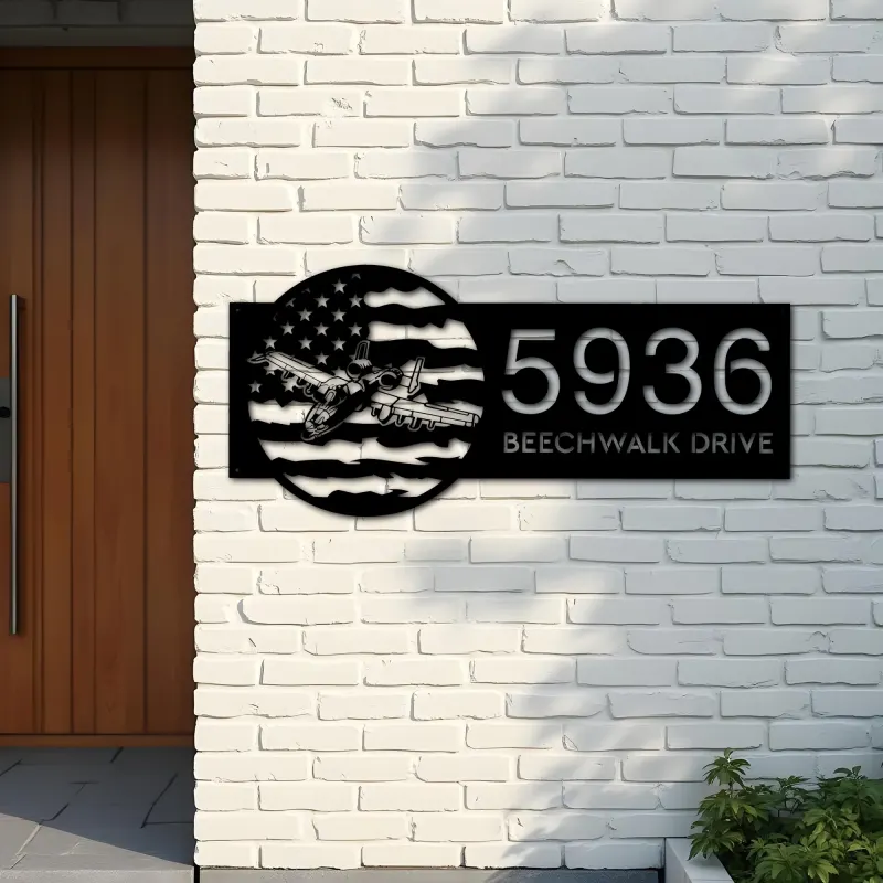 Custom Metal A 10 airplane US flag Metal Address Sign House number Hanging Address Plaque Yard Sign Outdoor