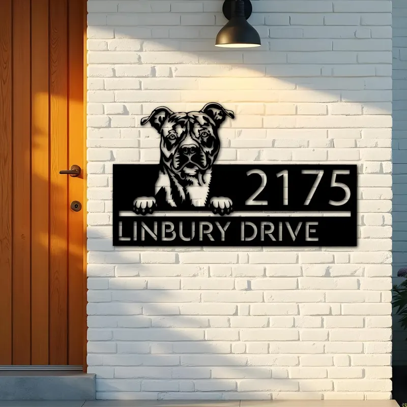 Custom Metal American Staffordshire Terrier dog Metal Address Sign House number Hanging Address Plaque Yard Sign Outdoor decor