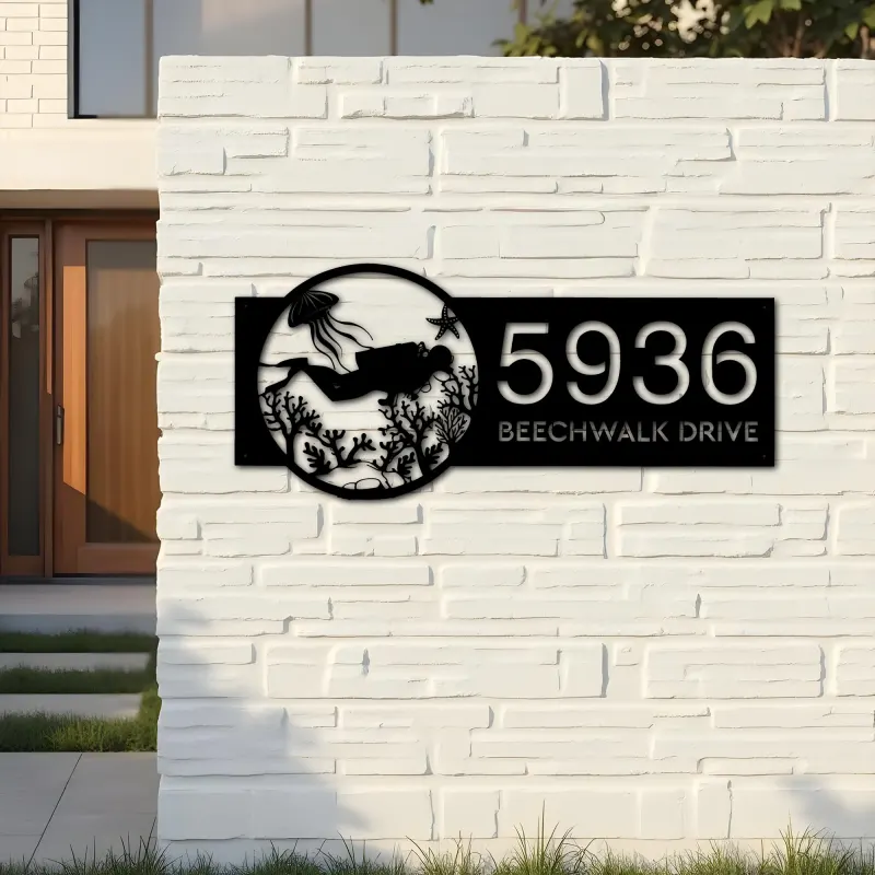 Custom Metal Scuba diving Metal Address Sign, House number, Outdoor Number Signage, Yard Sign Address Plate