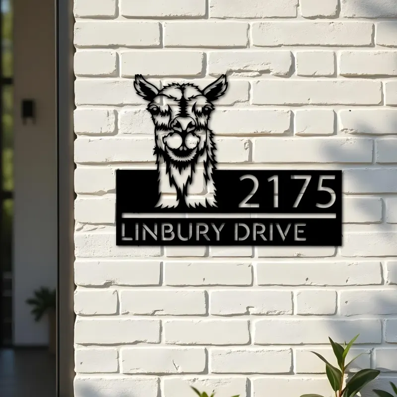 Custom Metal Peeking Llama farm animal ranch Metal Address Sign, House number, Outdoor Number Signage, Yard Sign Address Plate