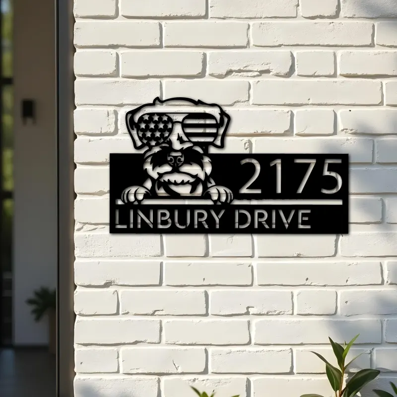 Custom Metal Schnauzer dog US flag glasses Metal Address Sign House number Hanging Address Plaque Yard Sign Outdoor decor
