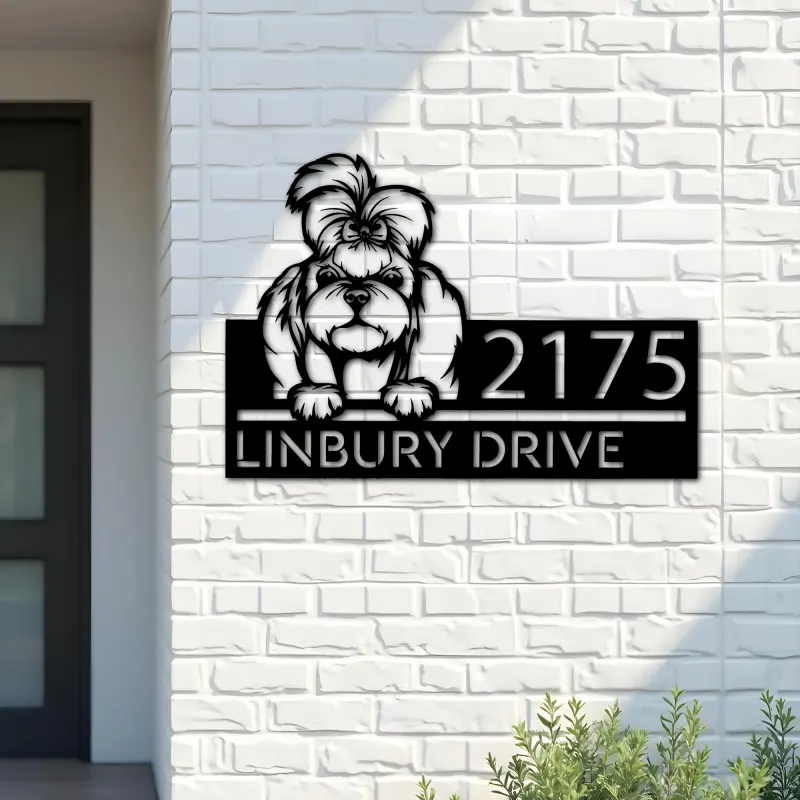 Custom Metal Shih Tzu dog Puppy Metal Address Sign House number Hanging Address Plaque Yard Sign Outdoor decor
