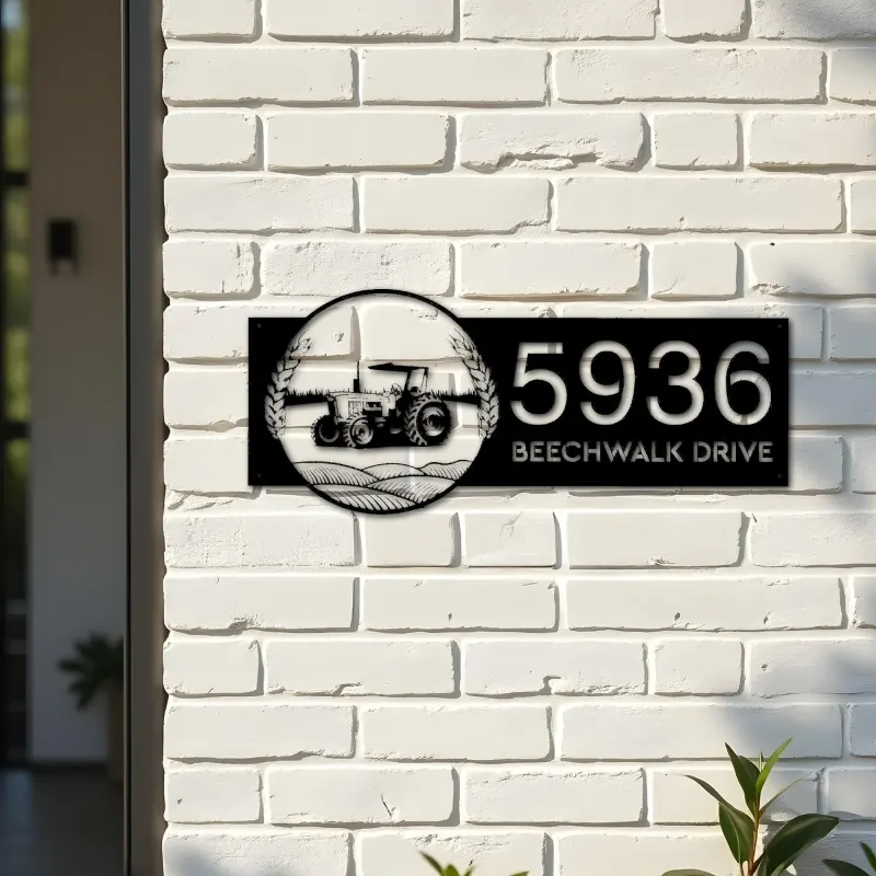 Custom Metal Tractor on farm field Metal Address Sign, House number, Outdoor Number Signage, Yard Sign Address Plate