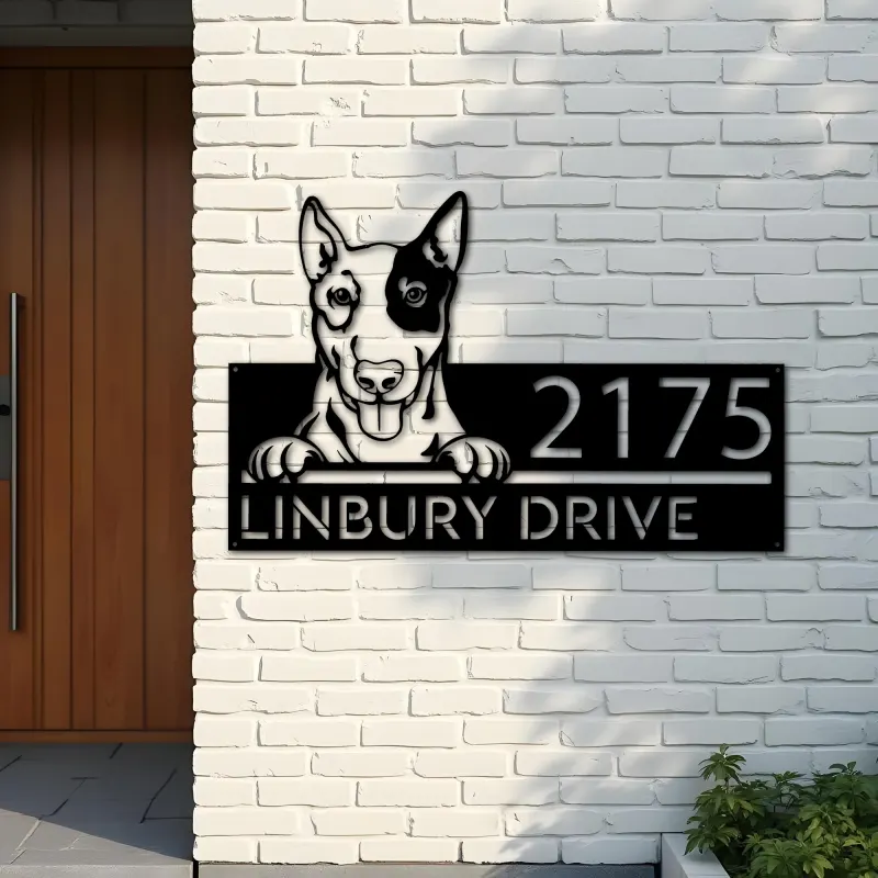 Custom Metal English Bullterrier dog Puppy Metal Address Sign House number Hanging Address Plaque Yard Sign Outdoor decor