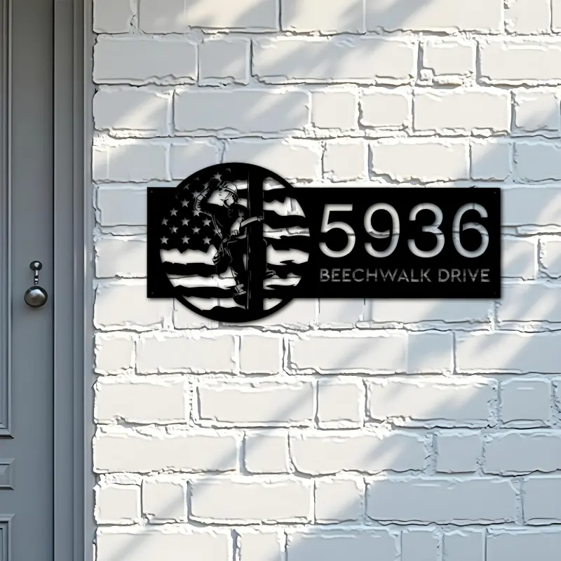 Custom Metal Lineman on a pole US flag Metal Address Sign, House number, Outdoor Number Signage, Yard Sign Address Plate