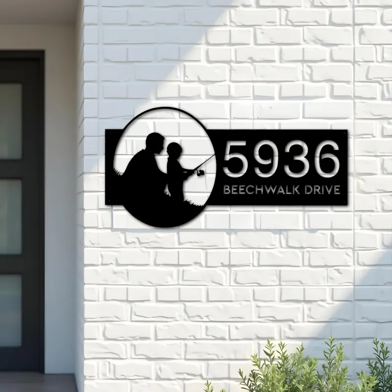 Custom Metal Father and son fishing Metal Address Sign, House number, Outdoor Number Signage, Yard Sign Address Plate