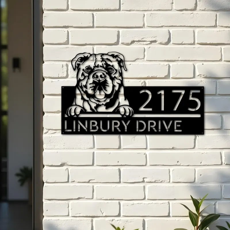 Custom Metal Continental Bulldog dog Puppy Metal Address Sign House number Hanging Address Plaque Yard Sign Outdoor decor
