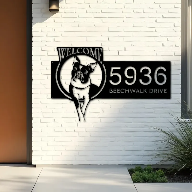 Custom Metal Boston Terrier dog welcome Metal Address Sign, House number, Outdoor Number Signage, Yard Sign Address Plate