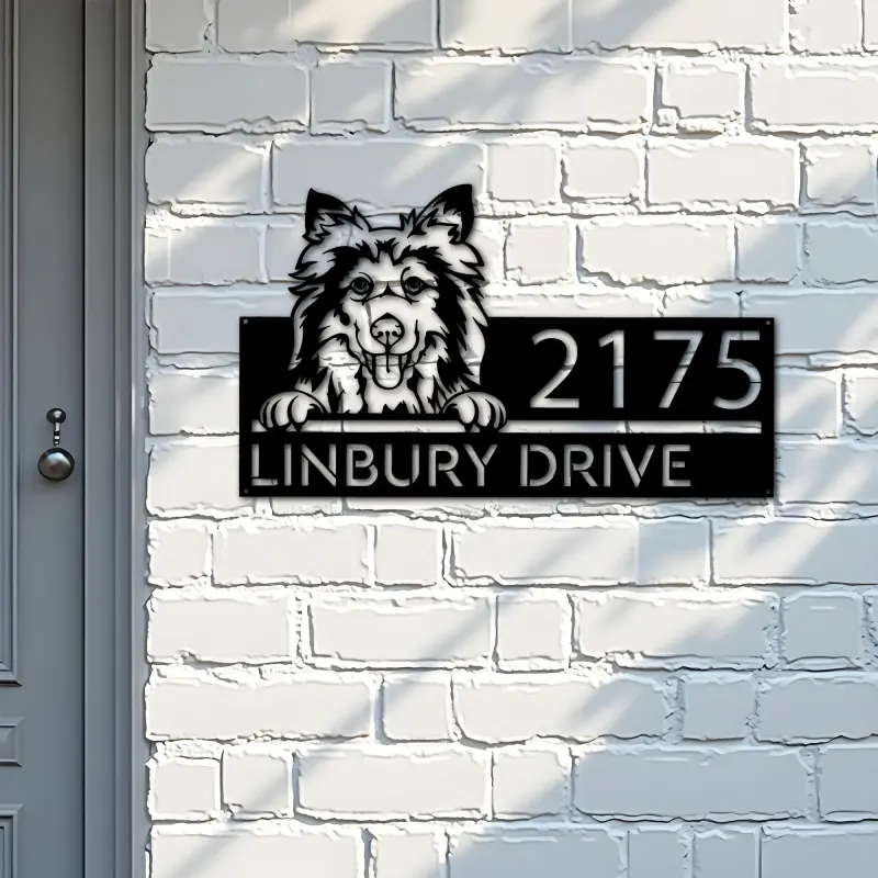 Custom Metal Shetland Sheepdog Cute puppy Metal Address Sign House number Hanging Address Plaque Yard Sign Outdoor decor