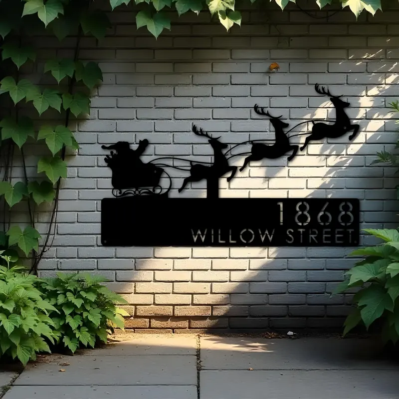Custom Metal Santa claus Christmas Reindeer sleigh Metal Address Sign, House number, Outdoor Number Signage, Yard Sign Address Plate