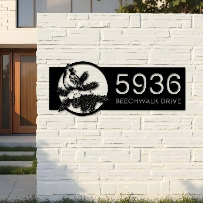 Custom Metal Northern cardinal bird Metal Address Sign, House number, Outdoor Number Signage, Yard Sign Address Plate