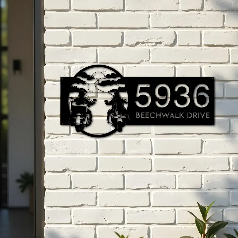Custom Metal Biker brothers sunset Motocycle rider Metal Address Sign, House number, Outdoor Number Signage, Yard Sign Address Plate