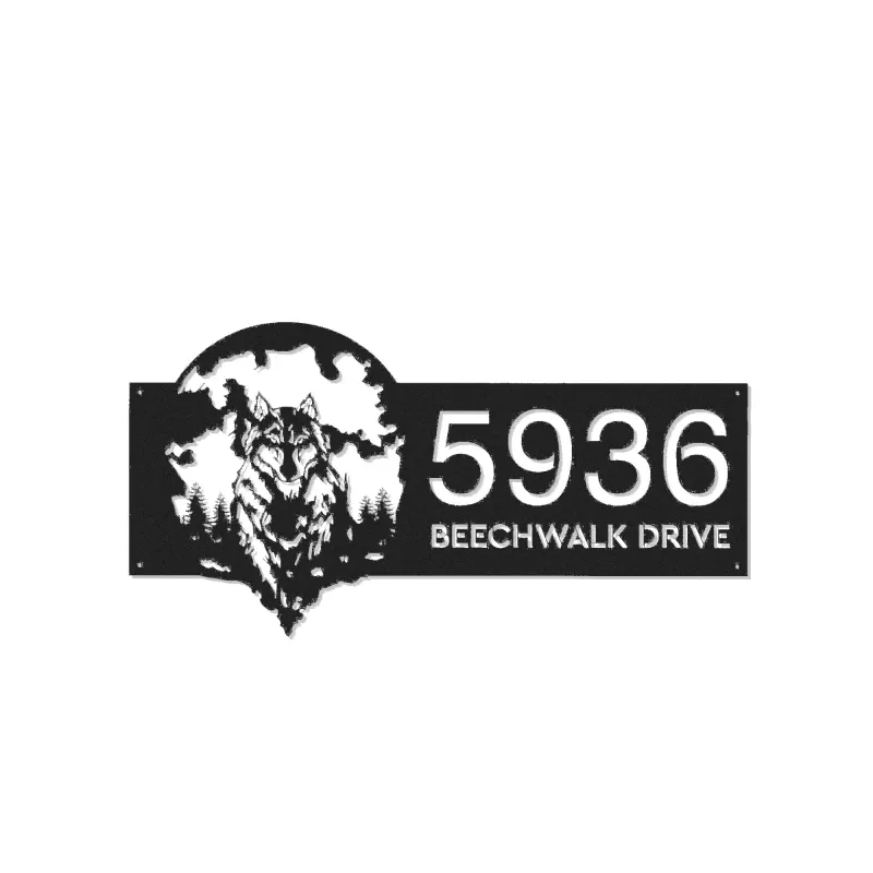 Custom Metal Wolf on full moon Metal Address Sign, House number, Outdoor Number Signage, Yard Sign Address Plate