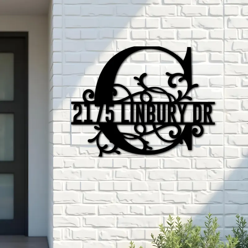 Custom Metal Floral Monogram Split Letter C Metal Address Sign House number Hanging Address Plaque Yard Sign Outdoor decor