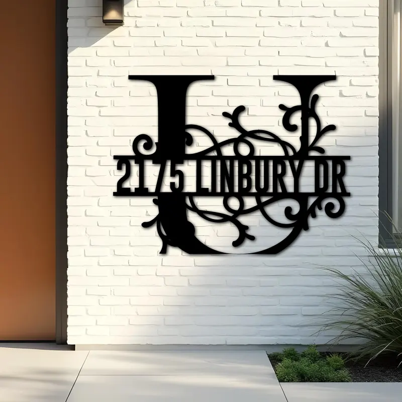 Custom Metal Floral Monogram Split Letter U Metal Address Sign House number Hanging Address Plaque Yard Sign Outdoor decor