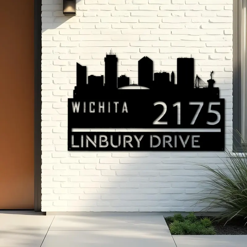 Custom Metal Wichita city skyline Metal Address Sign Hanging Address Plaque house number Yard Outdoor Sign