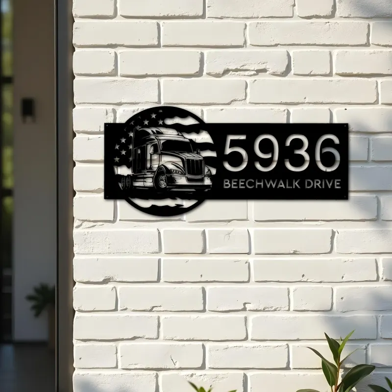 Custom Metal Semi truck on US flag trucker driver Metal Address Sign, House number, Outdoor Number Signage, Yard Sign Address Plate