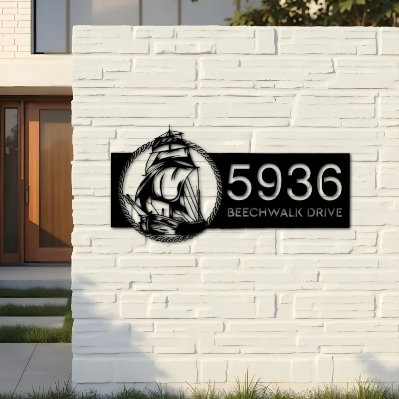 Custom Metal Ship with rope sea adventure Metal Address Sign, House number, Outdoor Number Signage, Yard Sign Address Plate