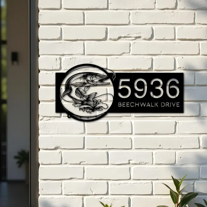 Custom Metal Pike fishing rod bait hook Metal Address Sign, House number, Outdoor Number Signage, Yard Sign Address Plate